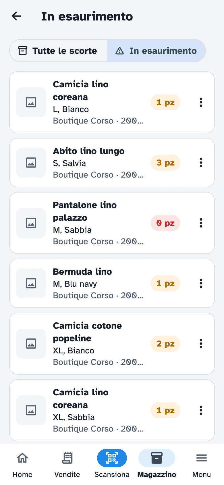 Lista In esaurimento: i capi sotto soglia, ognuno con taglia, colore e pezzi rimasti.
