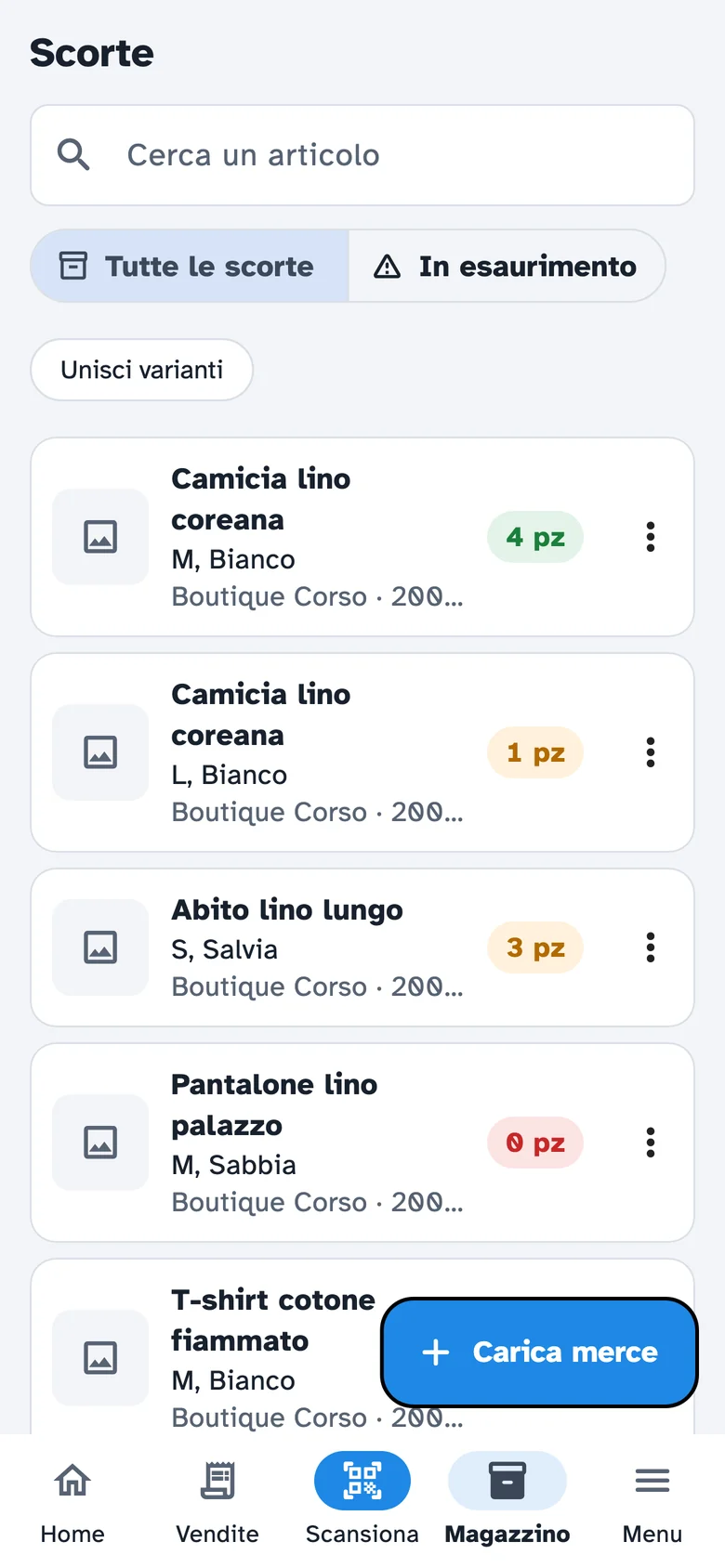 Schermata Scorte di Alivia: elenco dei capi con taglia, colore, negozio e numero di pezzi disponibili per ciascuno.