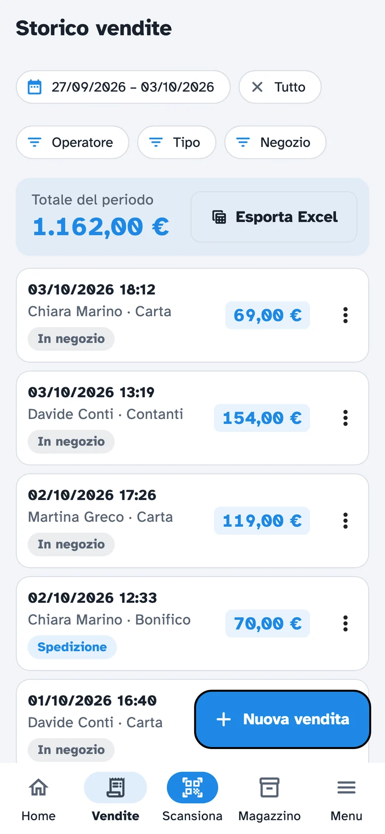 Storico vendite: filtri per periodo, operatore e negozio, totale del periodo e pulsante Esporta Excel.
