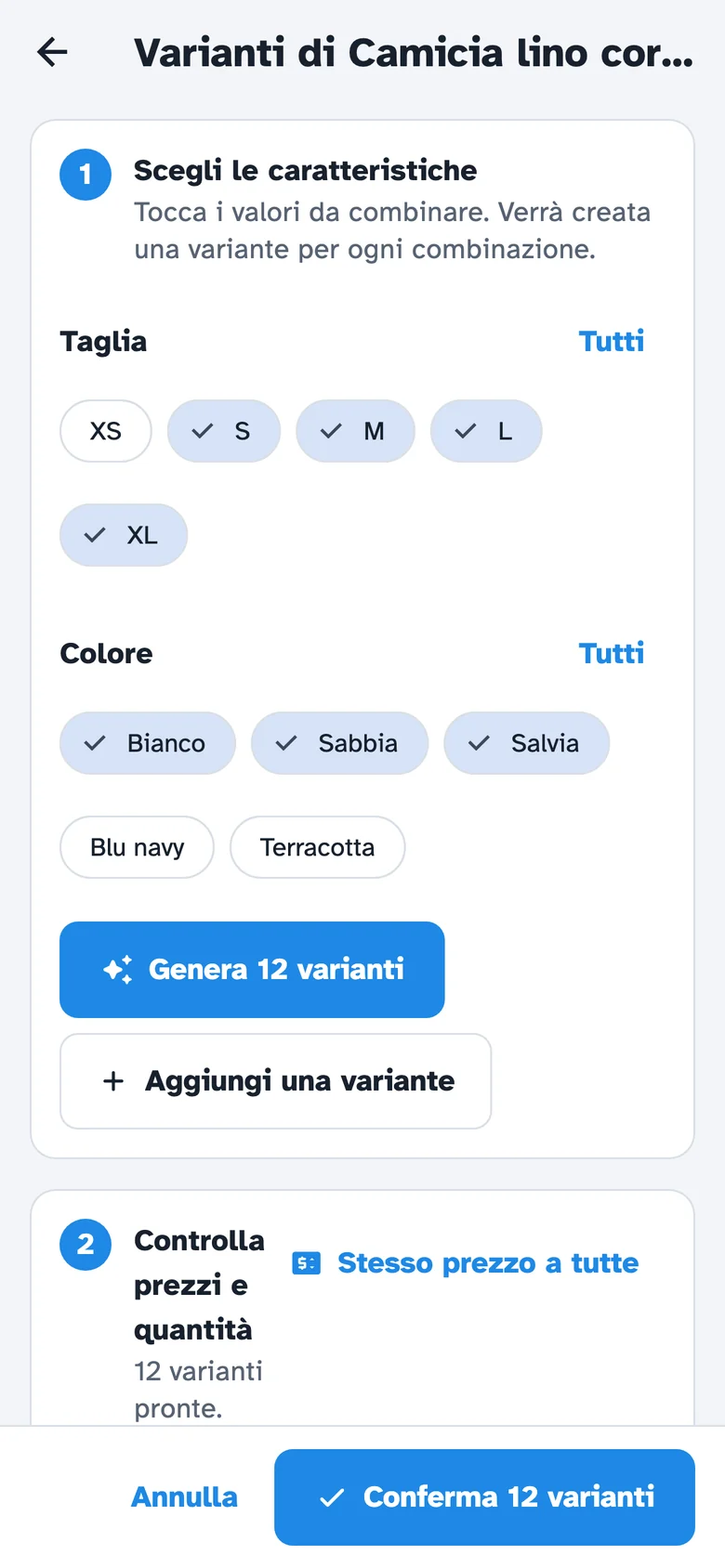 Varianti di un capo: scegli taglie e colori e il pulsante mostra quante combinazioni verranno create.